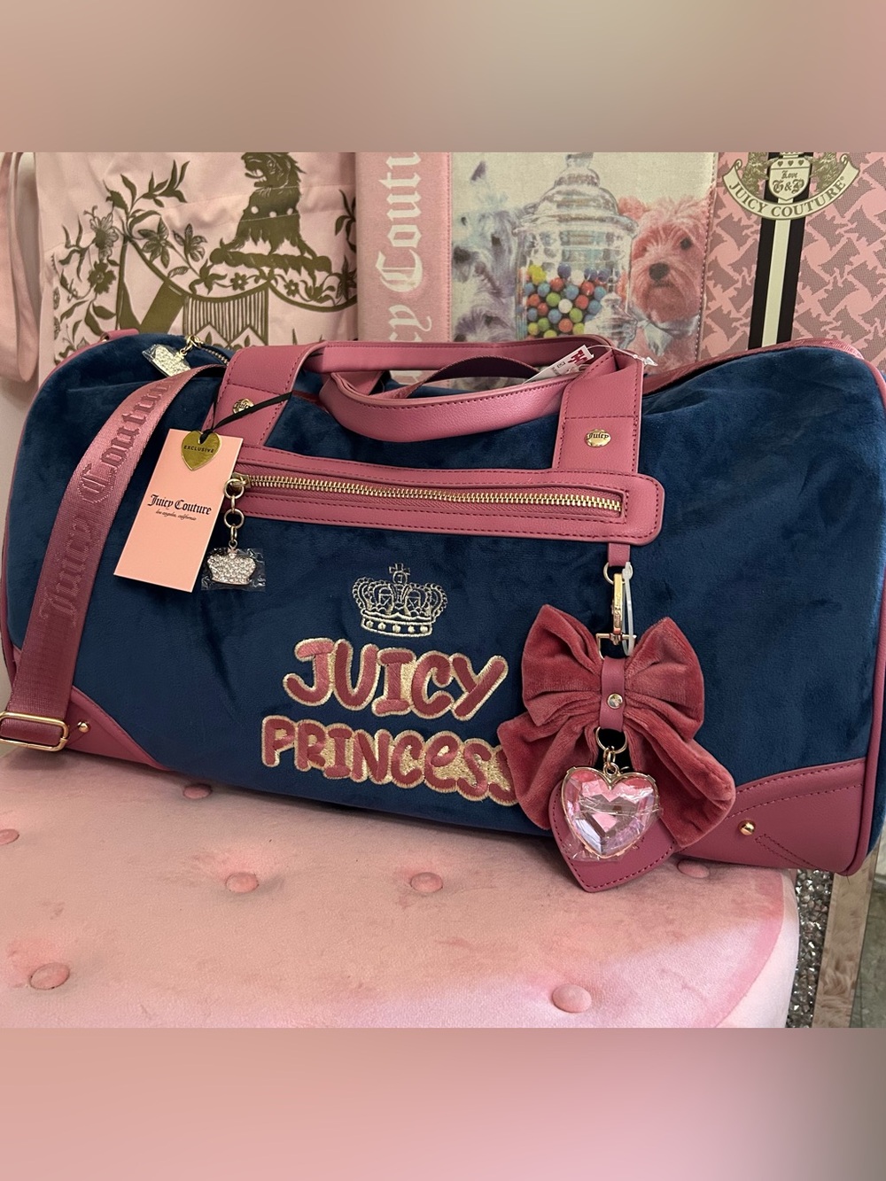 NWT Juicy Couture Juicy Princess Regal Blue Velour Pink Trim Weekender Duffle